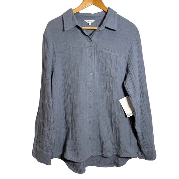 Splendid Collection Gauze Button Down Top NWT Women’s Large Blue Long Sleeve - Picture 1 of 4